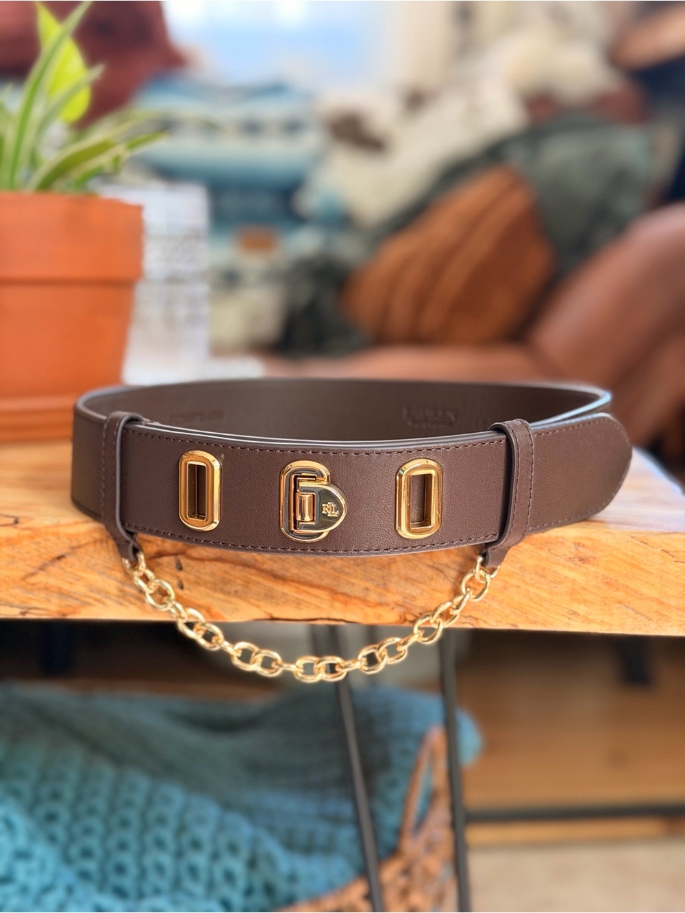 Ralph Lauren Brown Leather Flip Lock Chain Belt with Gold Hardware
